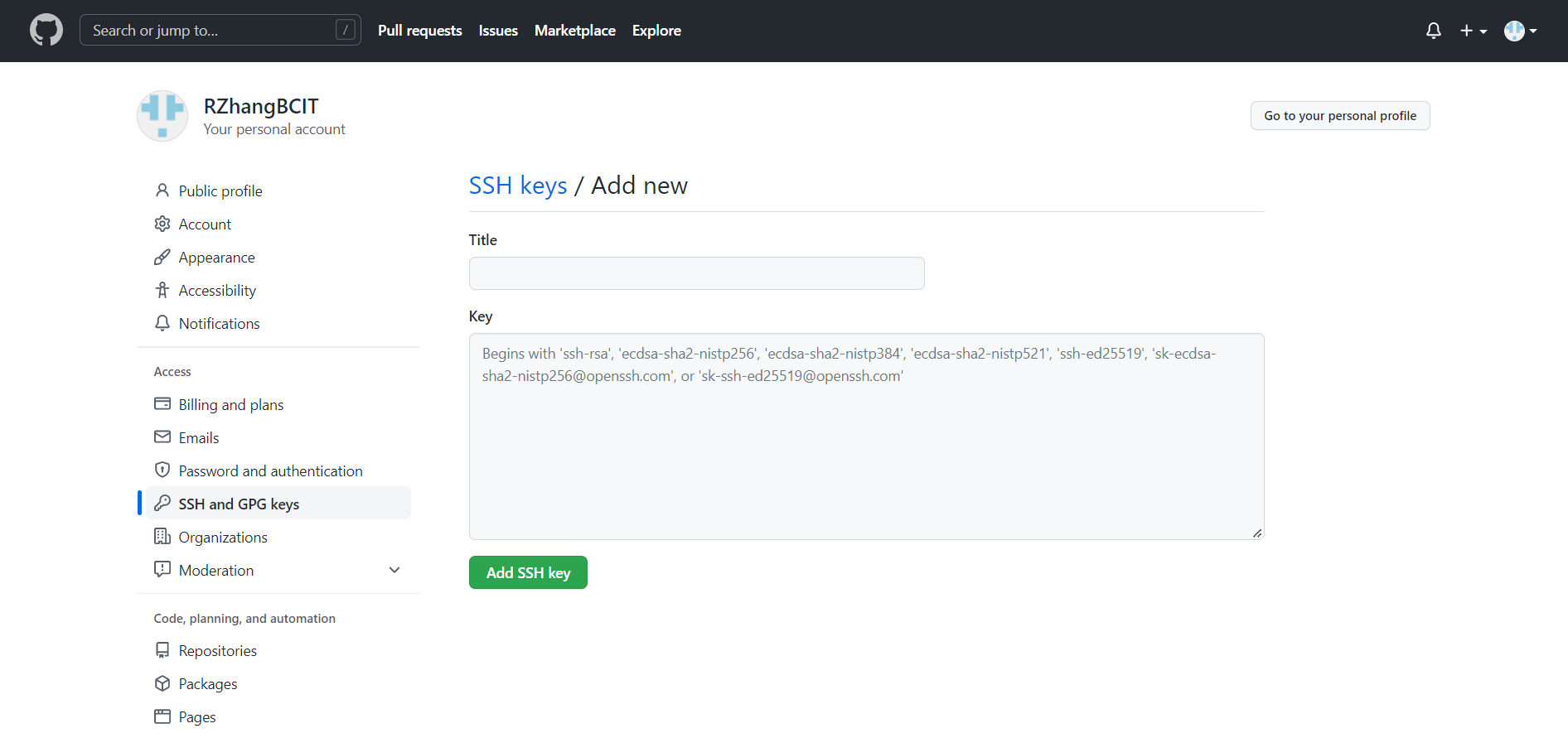 An image of Github's Add SSH Key Page