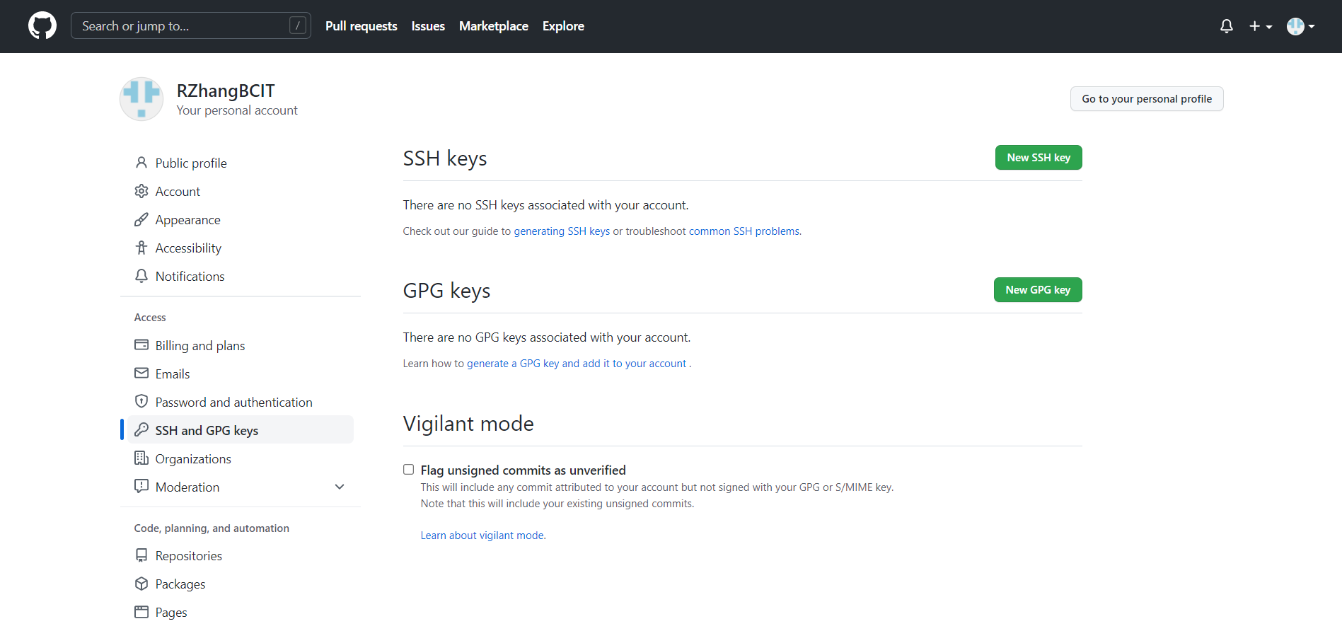 An image of the SSH Key page on Github