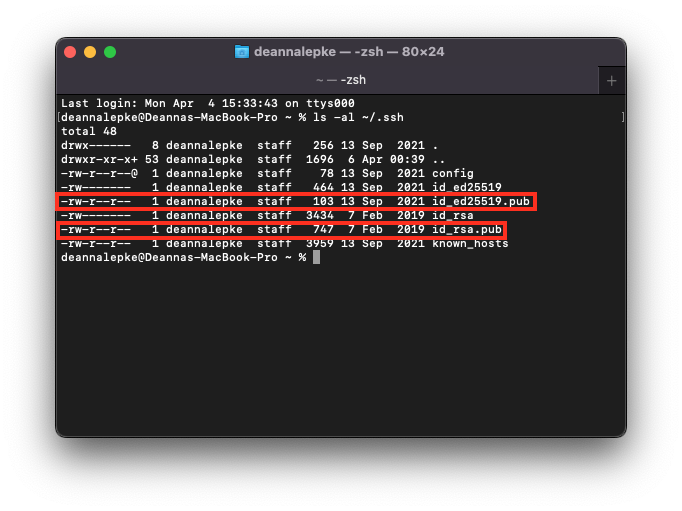 An image showing the results of the show directory command where there are pre-existing SSH keys