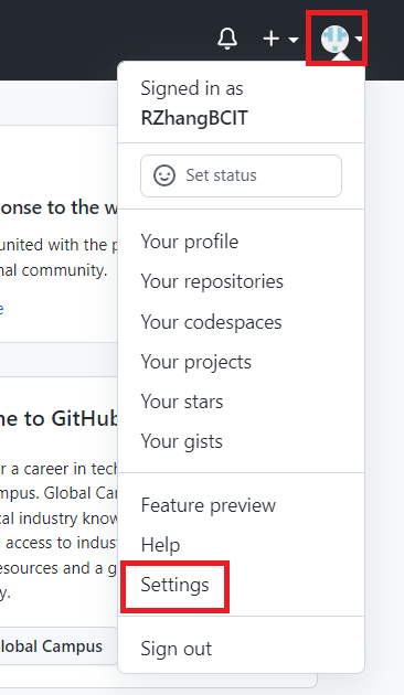 An annotated image of Github's landing page, with the profile button annotated