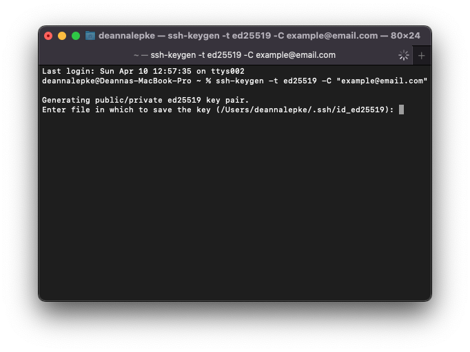 An image depicting the command line prompt to enter a destination for your new SSH key