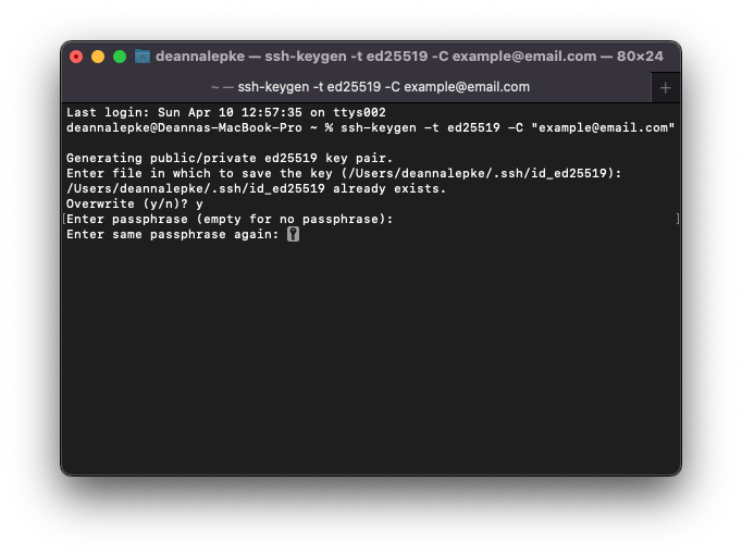 An image depicting the command line prompt to enter in a passphrase for your new SSH Key