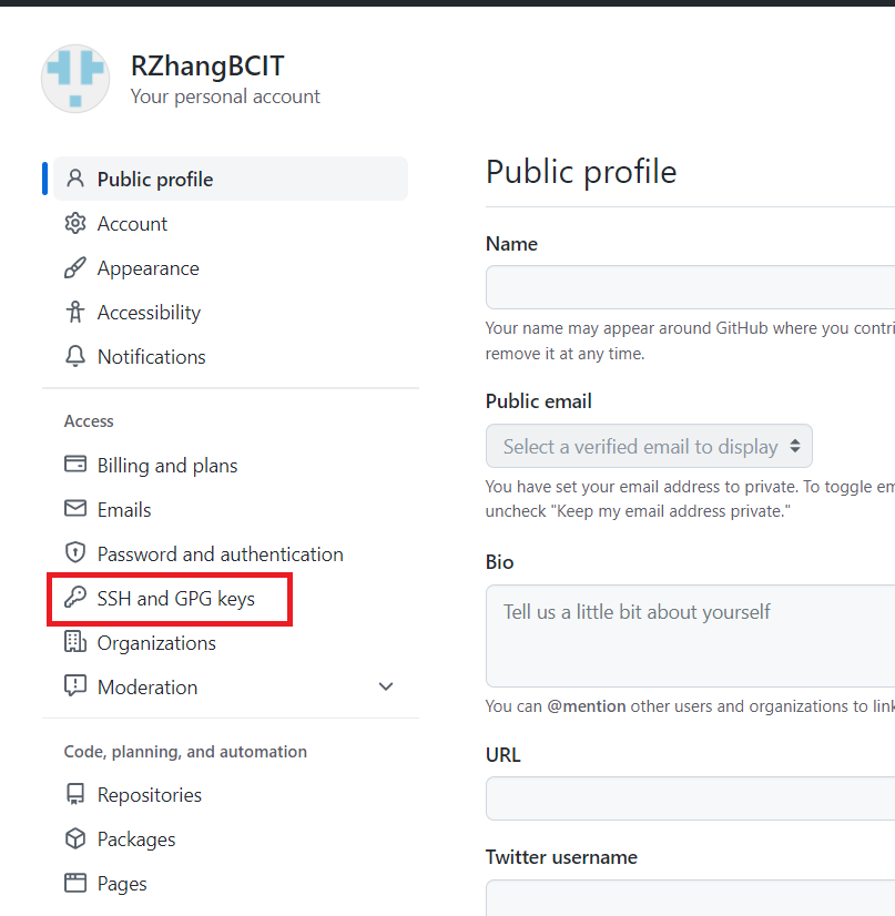 An annotated image of Github's profile page, highlighting the SSH and GPG Key button