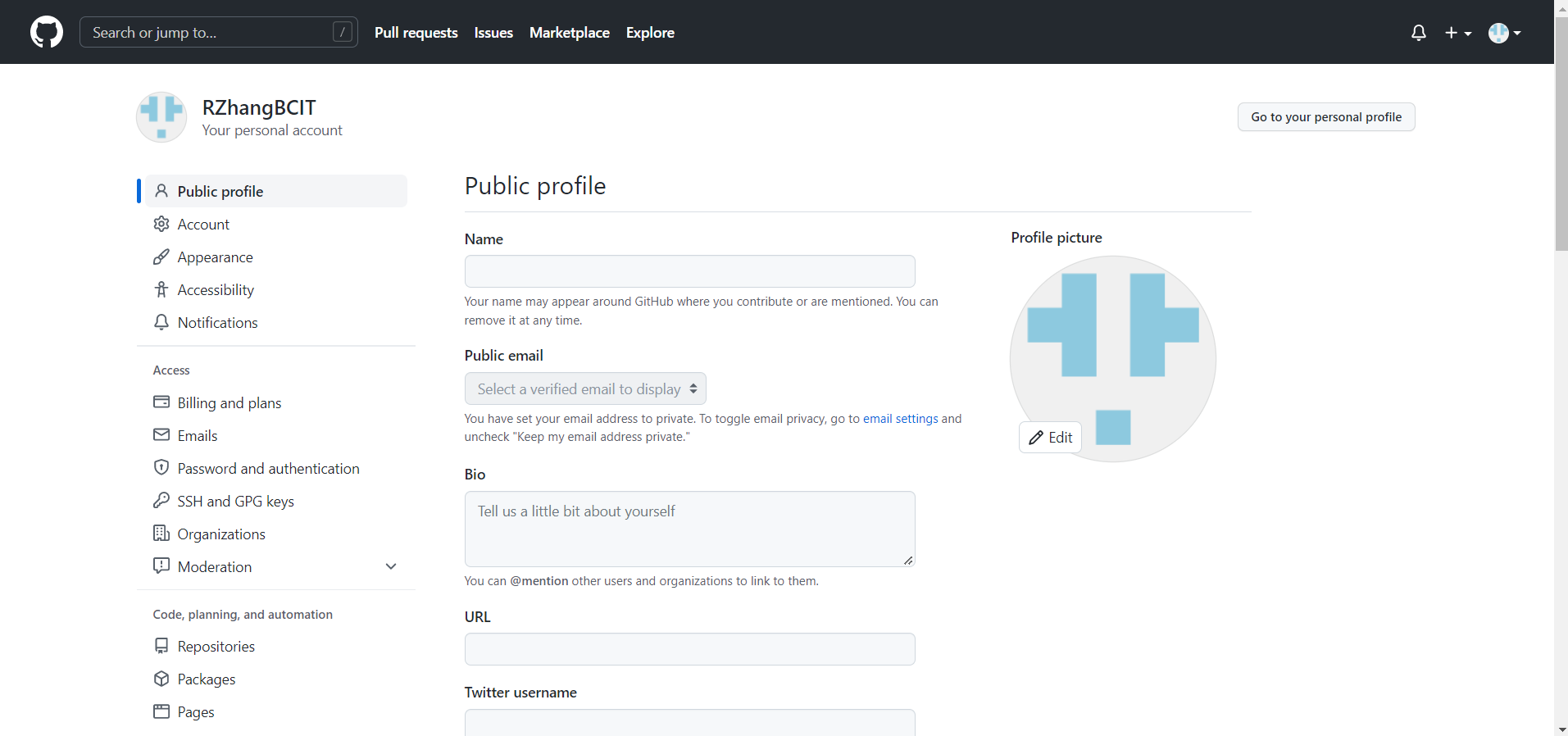 An image of Github's User Profile page for logged in users