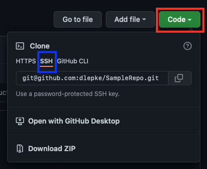 An annotated image showing the SSH Option for cloning a git repository